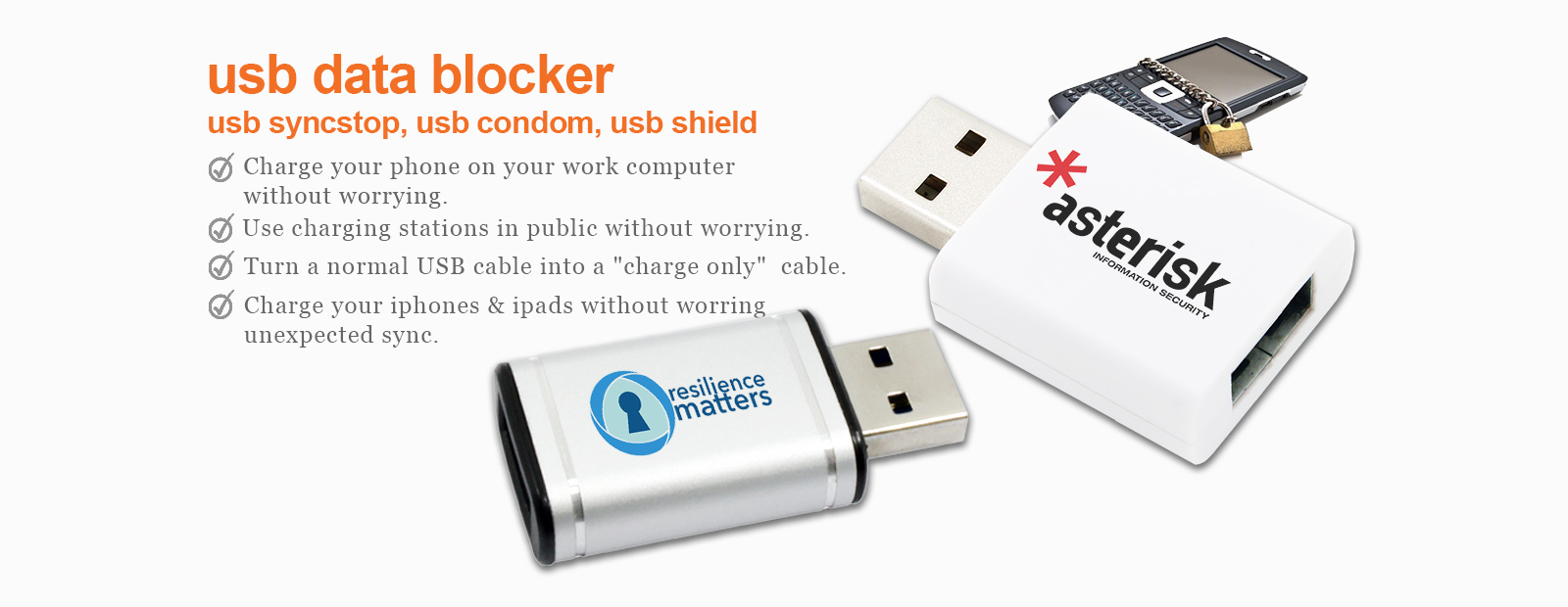 USB shield, USB Condom, USB syncstop, data blocker